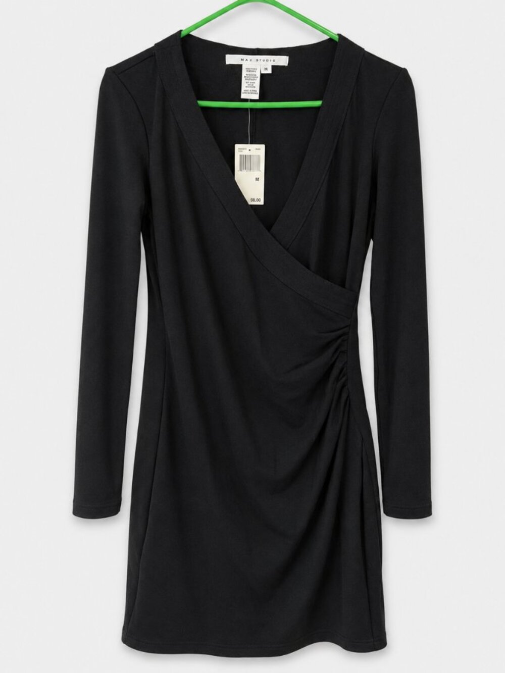 NWT Max Studio Black Faux Wrap Ruched Long Sleeve Dress Size M